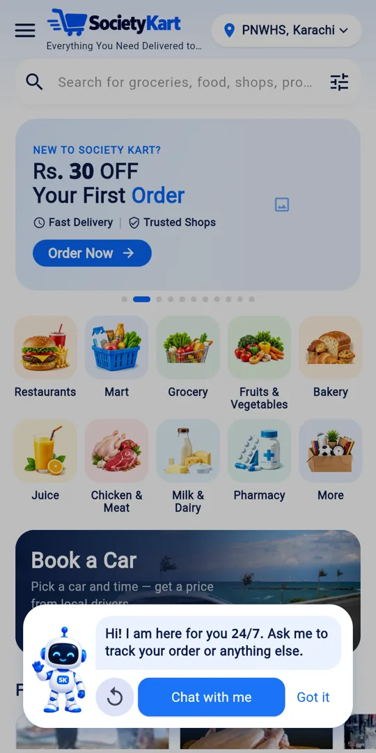 Society Kart app on a phone showing the AI Assistant greeting