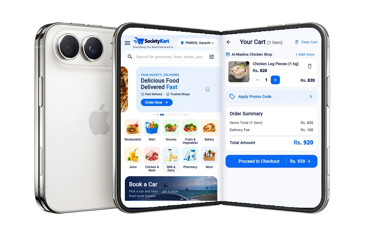 Society Kart app on a foldable phone: home screen with categories, and the cart with items total and delivery fee