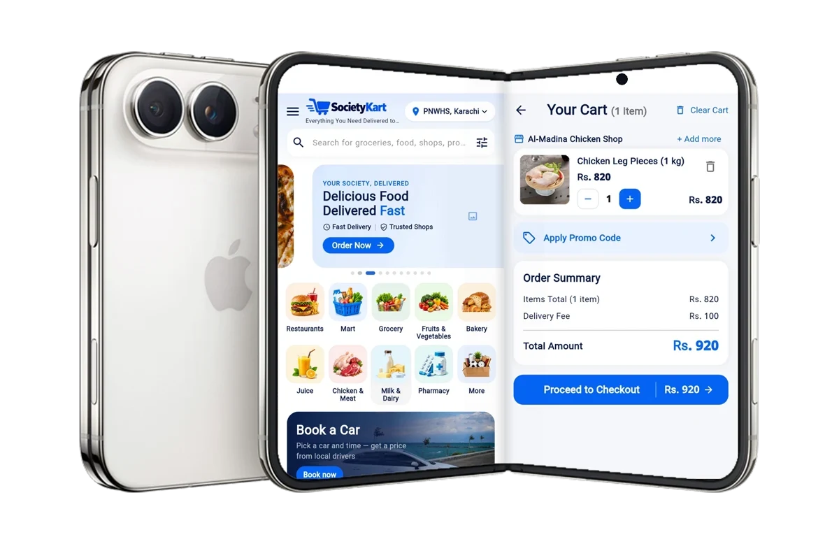 Society Kart app home screen with categories and the cart on a foldable phone
