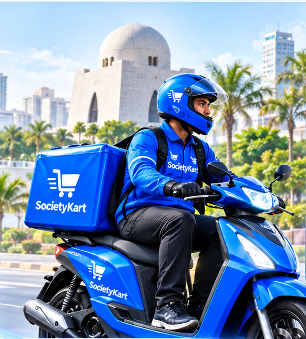 Society Kart rider with a branded delivery box riding past Mazar-e-Quaid in Karachi